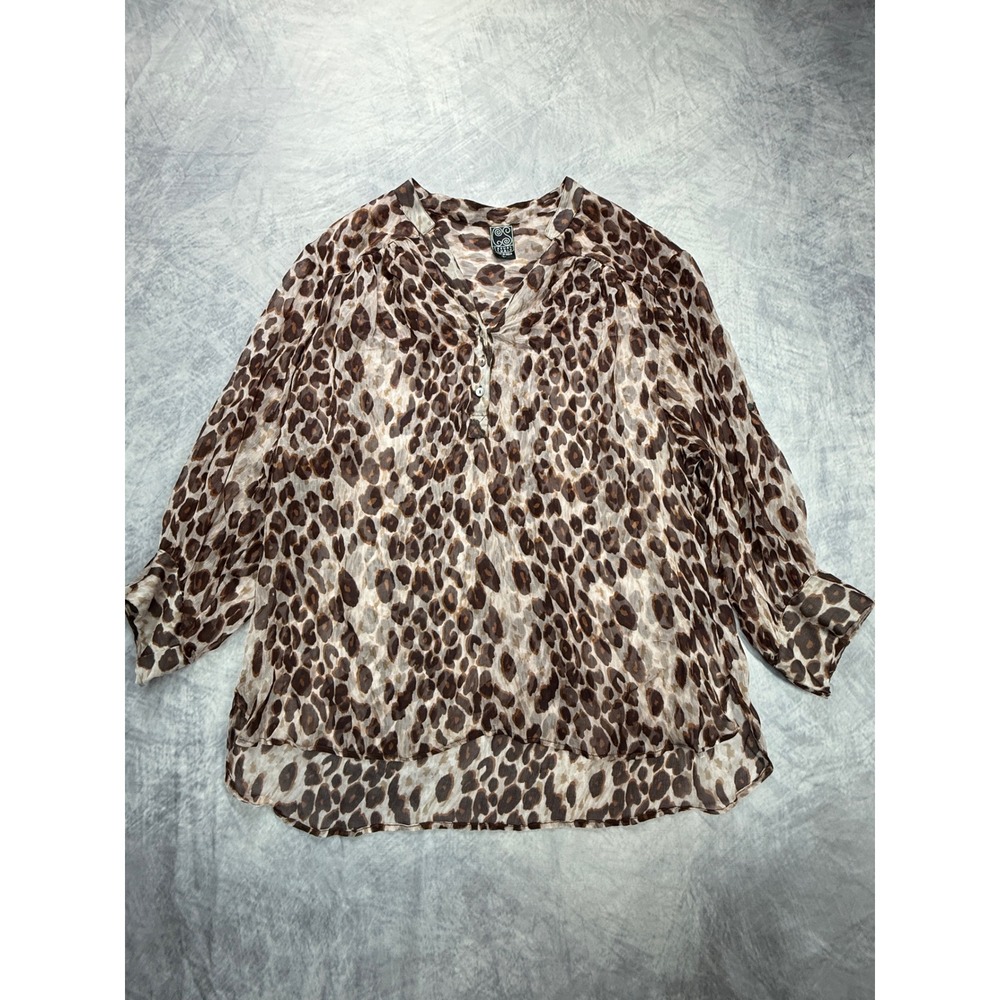 Casual Studio Leopard Print‎ Sheer Rayon tops womens sz L Roll Tab Sleeve office